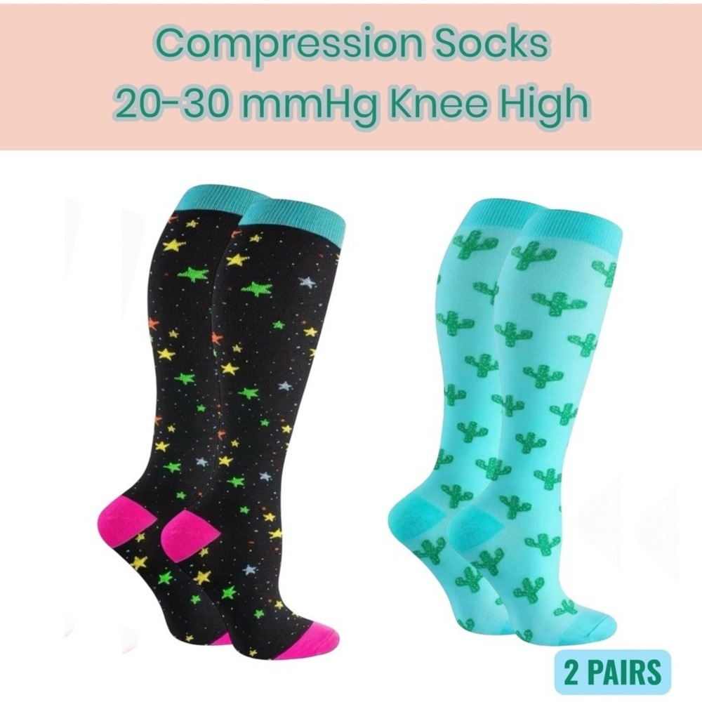 Unisex 20-30 mmHg Compression Socks L/XL Knee High Medical Whimsical 2 Pack NEW